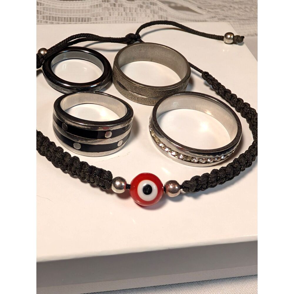 Men's Jewelry Lot- Evil Eye Bracelet and Four Rings - Picture 1 of 3